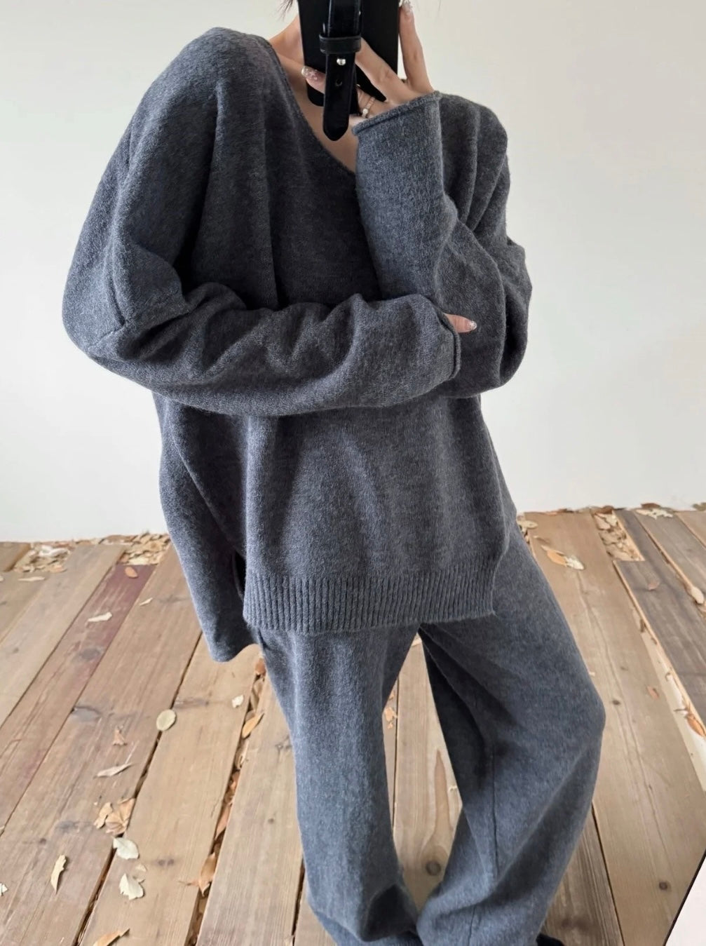 V-neck Knit Set — Charcoal