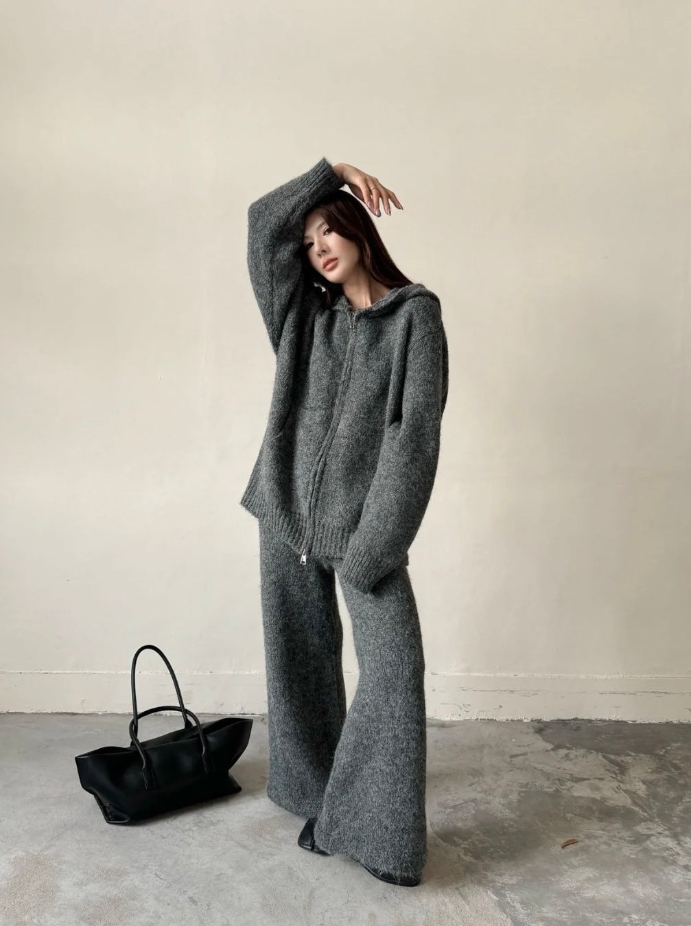 Hooded Knit Set — Charcoal