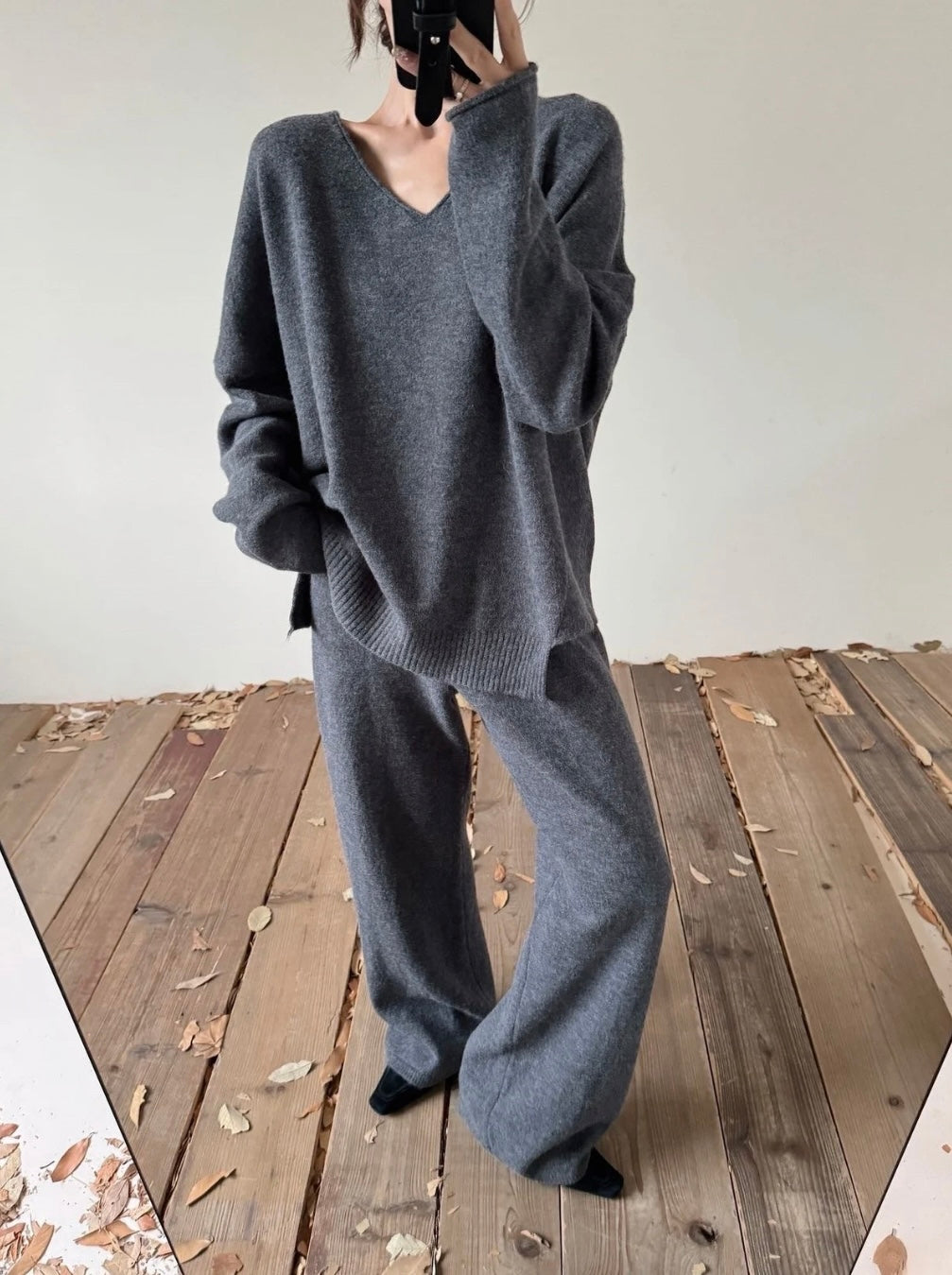 V-neck Knit Set — Charcoal