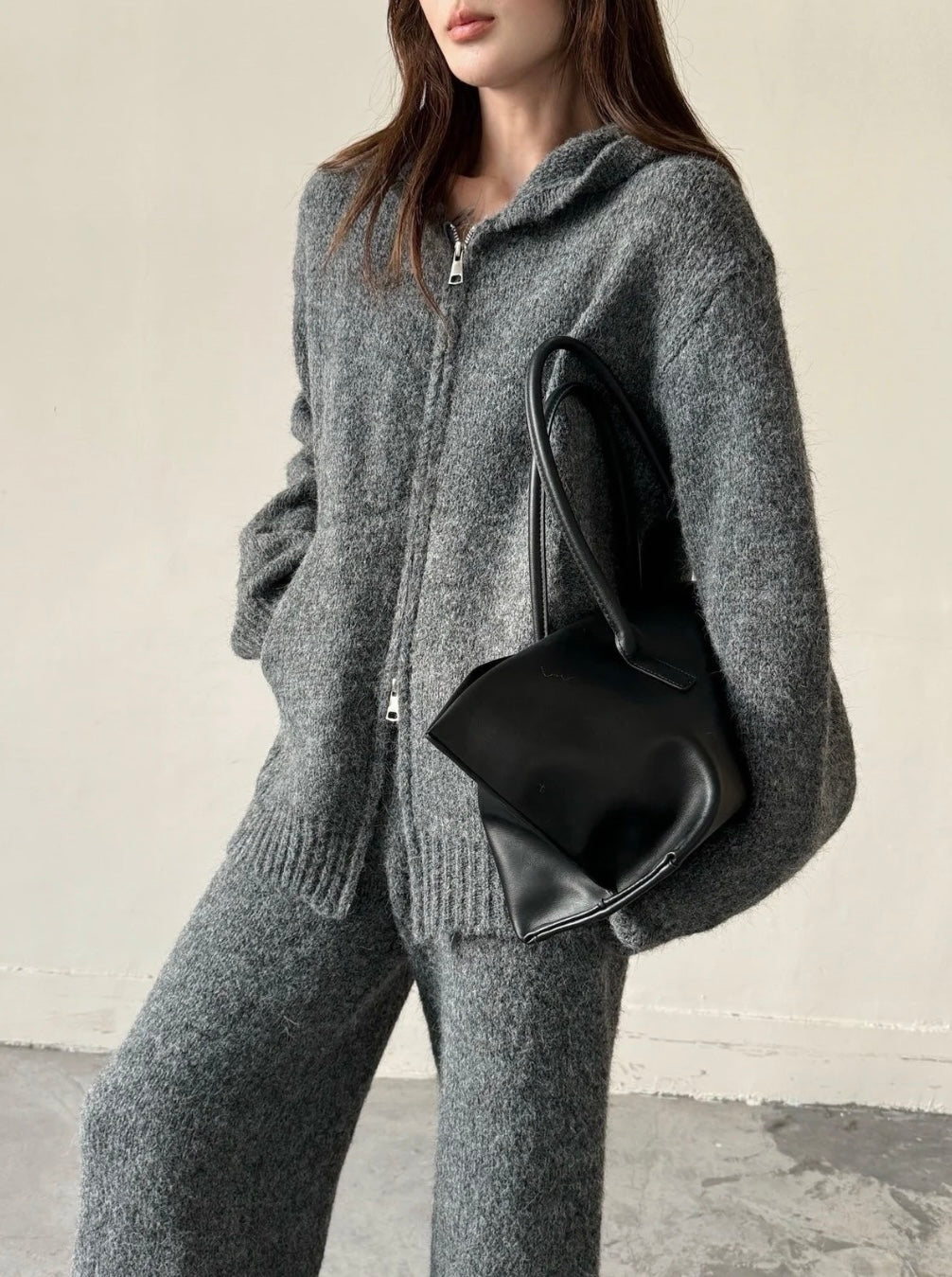 Hooded Knit Set — Charcoal