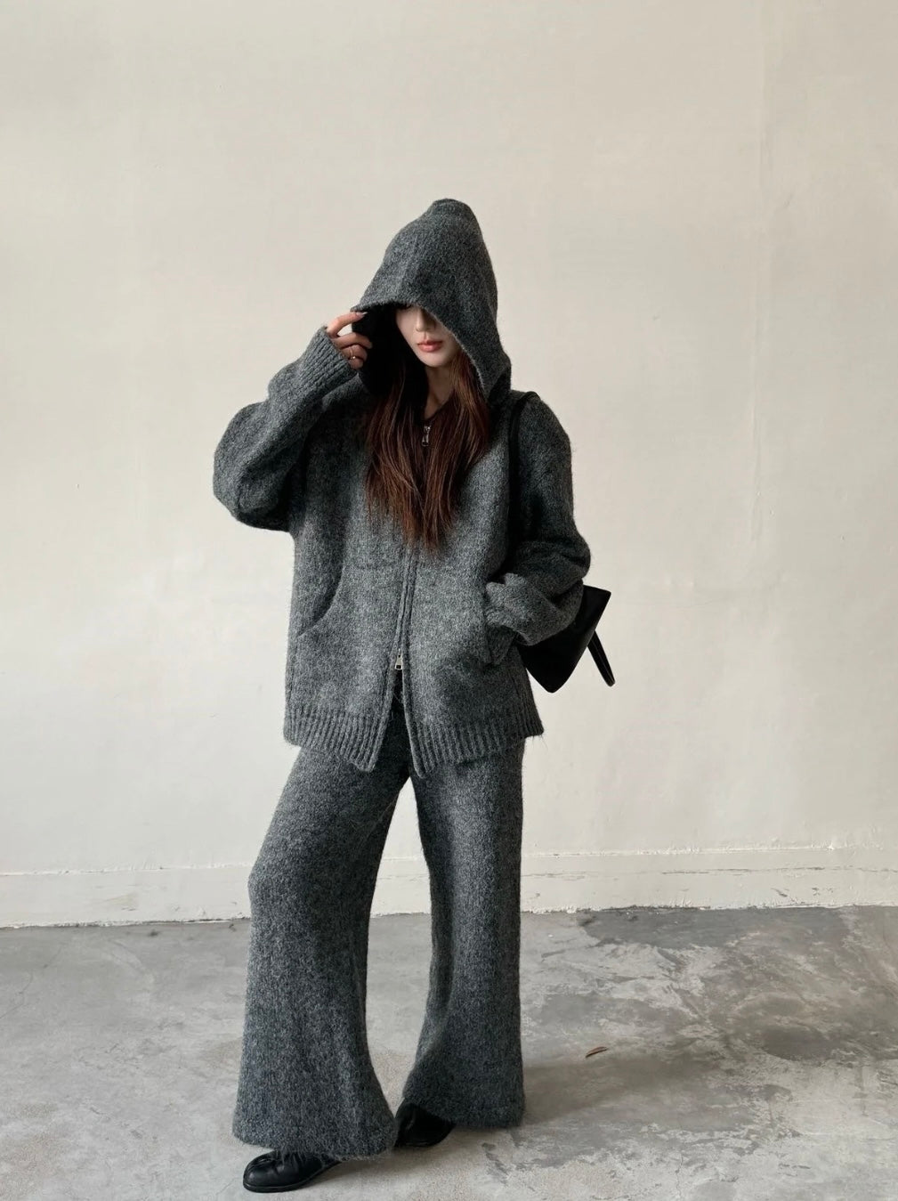 Hooded Knit Set — Charcoal