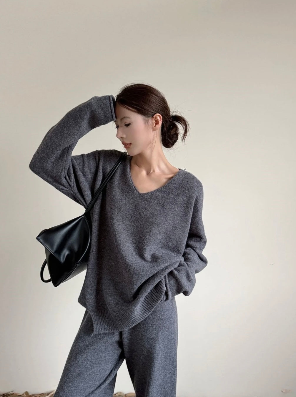 V-neck Knit Set — Charcoal