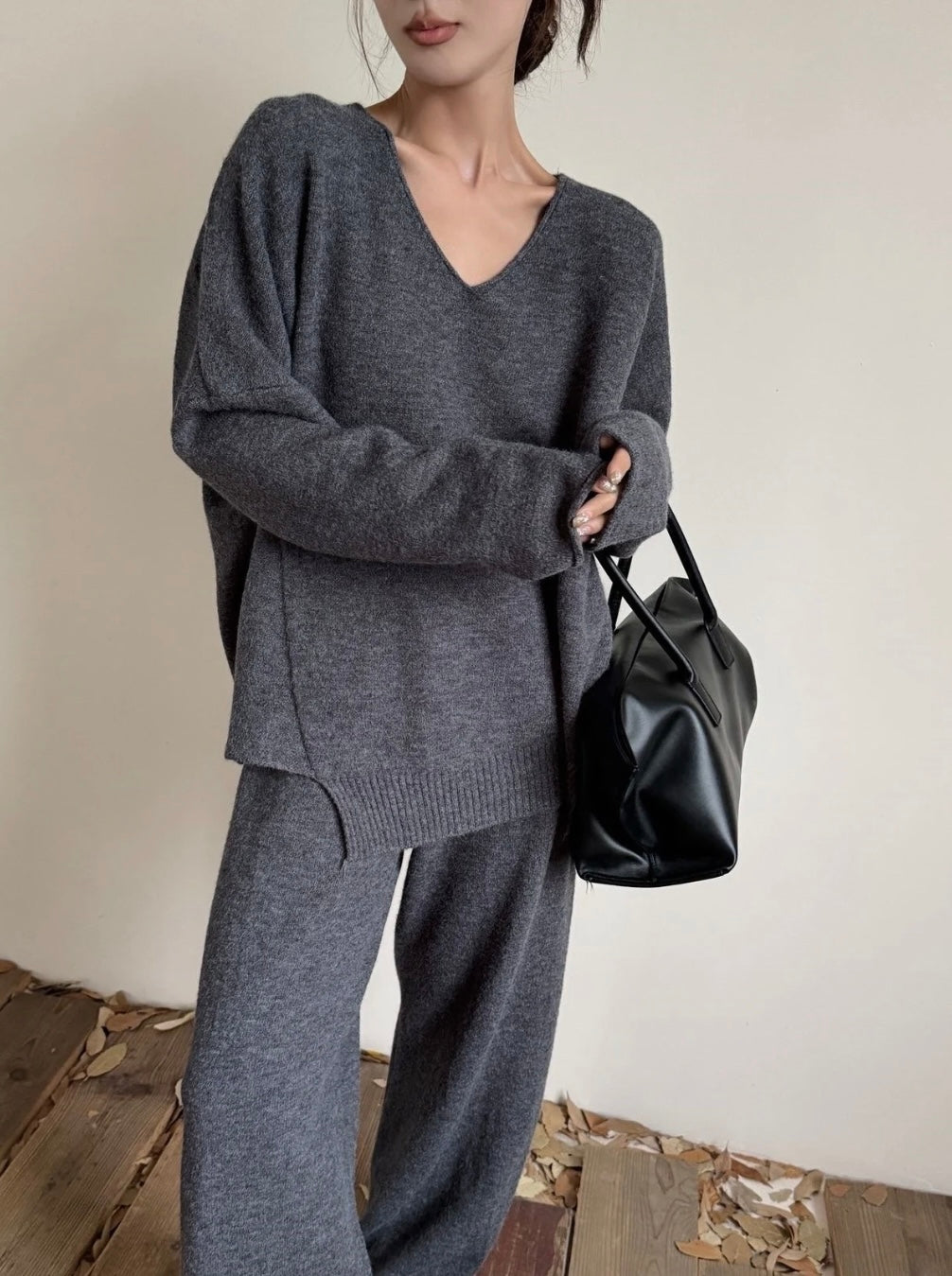 V-neck Knit Set — Charcoal